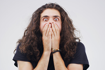 Image showing Portrait, wow and man with surprise, mockup and guy on a white studio background with gossip. Face, male person and model with shock, omg expression with opportunity, emoji and confident with deal