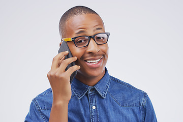 Image showing Phone call, talking and portrait of black man in studio for conversation, speaking and chat. Communication mockup, white background and male person on smartphone for network, contact and connection