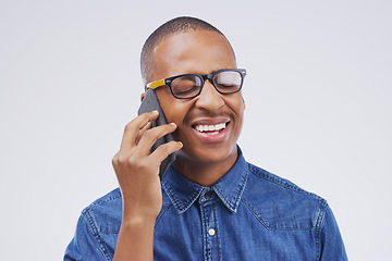 Image showing Phone call, laugh and black man in studio with smile for conversation, talking and funny chat. Communication mockup, white background and male person on smartphone for network, contact and connection