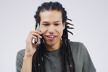 Image showing Phone call, happy and face of man in studio with smile for conversation, talking and chatting. Communication mockup, white background and male person on smartphone for network, contact and connection