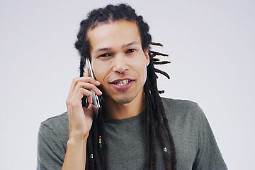 Image showing Phone call, talking and portrait of man in studio for conversation, speaking and chat. Communication mockup, white background and male person face on smartphone for network, contact and connection