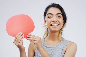 Image showing Woman with smile, speech bubble and social media, mockup space and online voice on white background. Communication, announcement and female person in portrait, board with news and opinion in studio