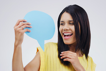 Image showing Happy woman is excited, speech bubble and social media with mockup space and online voice on white background. Communication, announcement and female person with news and opinion in studio