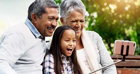 Image showing Laugh, grandparents and young girl take selfie at the park or senior woman or man and excited for picture with kid. Family, child and happy for photo with elderly or spring and bench outside