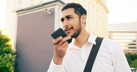 Image showing Cellphone, voice note and business man in city, communication or conversation call with contact. Phone, virtual assistant and male professional talking, speaking or discussion on urban town street