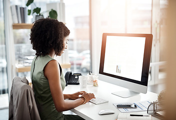 Image showing Computer, typing and business woman on office with document for finance, budget or planning. Monitor, email and African female financial advisor online for accounting, tax or project, review or plan