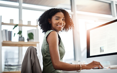 Image showing Black woman in business, smile in portrait and computer screen with charts and graph, project information and analysis. Data analyst, review of corporate report and happy female employee in office