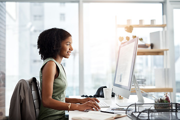 Image showing Black woman in business, reading on computer screen and analysis with project information and article. Data analyst, review of corporate report and happy female employee in office with productivity