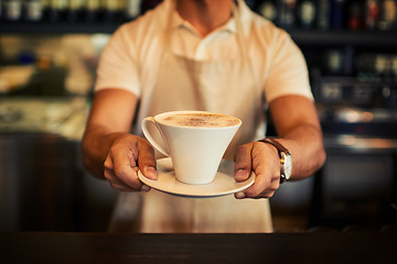 Image showing Coffee cup, man hands and cafe barista with hot chocolate, espresso or latte for hydration, wellness and store service. Startup small business, shop and male waiter giving drink, beverage or liquid