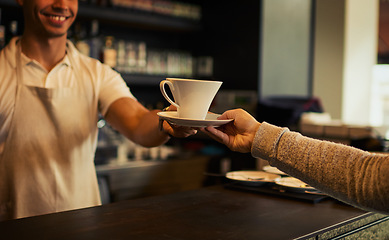 Image showing Coffee shop customer, happy people and barista hands with tea cup, espresso or matcha for morning hydration. Hospitality, restaurant industry server and waiter giving client drink, beverage or liquid