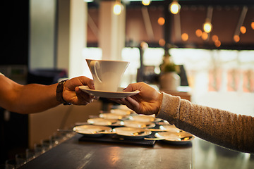 Image showing Coffee shop customer, people and barista hands with tea cup, latte or matcha for client morning hydration. Restaurant store sale, cafe server and waiter giving woman drink, diner beverage or espresso