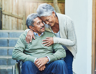 Image showing Support, wheelchair and senior couple hug with care, smile and love by elderly happy people in retirement. Old man, rehabilitation and person with disability and woman helping in empathy in marriage