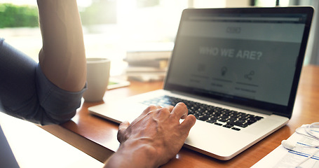 Image showing Laptop, screen and hands of businessman typing a project, professional and proposal in a home office. About us, man and entrepreneur reading from internet or website working on digital marketing