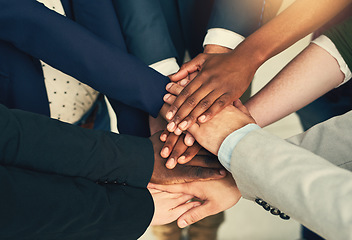 Image showing Teamwork, diversity and hands stack of business people in office for achievement, team building and goals. Corporate, collaboration and workers with hand together for solidarity, support and mission