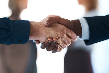 Image showing Business people, closeup handshake and agreement in office with human resources, support or welcome for hiring. Team building, hands and connect for synergy, teamwork or partnership in collaboration