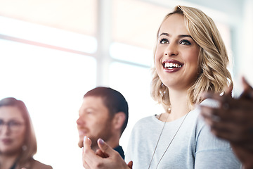 Image showing Applause, support and seminar with business woman for success, teamwork and event celebration. Wow, winner and target with audience clapping in conference meeting for goal, motivation and agreement