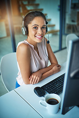 Image showing Happy woman, call center and portrait smile on computer in customer service, support or telemarketing at office. Friendly female person, consultant or agent smiling for online advice or communication