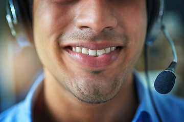 Image showing Happy man, teeth and smile in call center with headphones for customer service or telemarketing. Closeup of friendly male person or consultant agent mouth smiling with headset mic in contact us