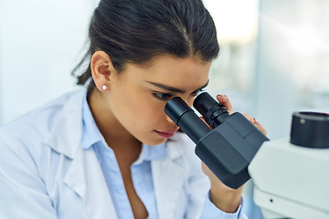 Image showing Research, woman and scientist with microscope in lab for medical study. Healthcare, science and female doctor with scope equipment for sample analysis, particle testing and laboratory experiment.