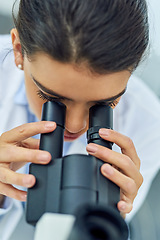 Image showing Research, woman and scientist with microscope top view in lab for medical study. Healthcare, science and female doctor with scope equipment for experiment analysis, particle test and investigation.