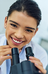 Image showing Face, woman and scientist smile with microscope in lab for medical research. Happy, science portrait and female doctor with DNA experiment and analysis, particle test and future investigation