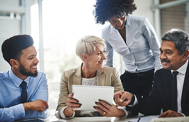 Image showing Senior woman, investor management meeting and tablet with company contract and deal with conversation. Staff, communication and finance planning with a businessman with diversity coworkers working