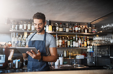 Image showing Man in cafe, tablet and small business with inventory check, entrepreneur in hospitality industry and connectivity. Happy male owner, restaurant franchise with digital admin and stock taking