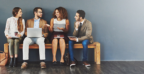 Image showing Business people, hiring wait and work conversation before a job interview and sitting in line. Communication, technology and staff with diversity and discussing for recruit meeting with mockup