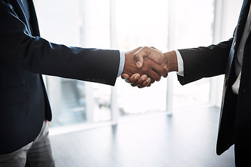 Image showing Handshake, collaboration and hands of business people in office for partnership, contract deal and agreement. Corporate lawyer, greeting and men shaking hand for thank you, welcome and negotiation