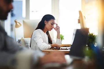 Image showing Depressed, burnout or business woman with headache in office with fatigue, anxiety or stress. Employee, sad female consultant or tired person frustrated with depression or migraine pain in workplace