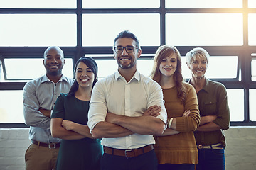 Image showing Smile, crossed arms and portrait of a business team in office for unity, collaboration or teamwork. Happy, diversity and group of corporate employees with success, support and leadership in workplace