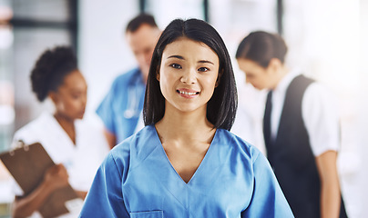 Image showing Healthcare, smile and portrait of nurse in hospital for support, help and wellness in clinic. Health care, happiness and medicine, confident and Asian woman, face of medical professional or caregiver