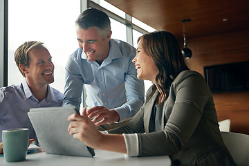 Image showing Laughing, tablet and business people in meeting for online results, internet meme or happy company conversation. Professional woman, men and boss on digital technology or funny application streaming