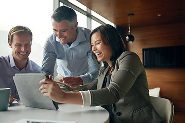 Image showing Happy, tablet and business people in meeting for online results, data analytics and excited with profit increase. professional woman, men and boss on digital technology for website stats or revenue