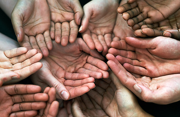 Image showing Open hands, diversity and palm with helping community, hunger and support. Poor, poverty and charity help with people and trust with crowd and society union donation and giving question from above
