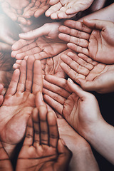 Image showing Open hands, diversity and group together with community, solidarity and support. Hunger, faith and charity hands gesture with people and poverty with crowd show palm and society and charity donation