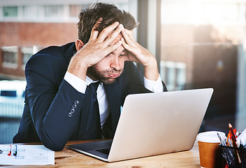 Image showing Business man, stress and frustrated for computer news, debt review and finance report, budget risk or job anxiety. Crisis, problem and mistake, glitch or burnout accountant person working on laptop