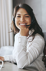 Image showing Business woman, happy portrait and telemarketing employee with a smile on a crm call. Communication, customer service and young female person working on a web support consultation with happiness