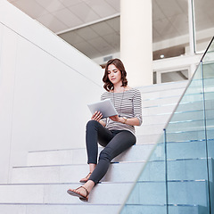 Image showing Tablet, research and woman on the staircase in the office planning a corporate project. Technology, career and professional female employee working on company report with digital mobile in workplace.