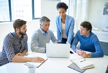 Image showing Business people, meeting and computer management discussion and planning with online seo analytics. Diversity, communication and staff working together with teamwork and collaboration for web project