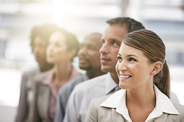 Image showing Business people, face and team thinking with smile, professional collaboration with diversity and teamwork. Company community, success and career mindset with happy group of employees at workplace