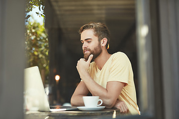 Image showing Coffee shop laptop, man and thinking of project idea, research report or customer experience insight. Remote work, problem solving and person contemplating hospitality review in restaurant store