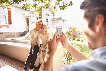 Image showing House, happy family love and cellphone photo of kid, mother or people with father taking Mothers Day picture. Home, photography and bonding mom, dad and child support, care and post to social media