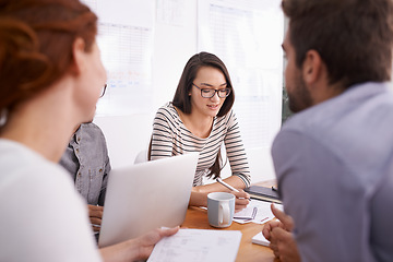 Image showing People in creative meeting, brainstorming ideas and team working in conference room. Plan, collaboration with men and women in strategy discussion at marketing startup, productivity and writing notes