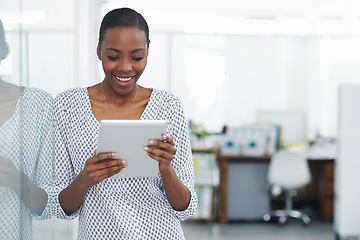 Image showing Happy, digital tablet and black woman in office for planning, research and startup mission. Excited, smile and female manager online for digital marketing, idea and web app for creative solution