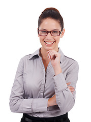 Image showing Studio portrait, smile and business woman happy for professional legal work, law firm success or job development. Paralegal, attorney pride and confident female lawyer isolated on white background