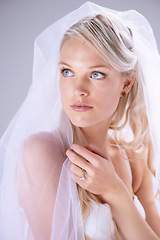 Image showing Thinking, veil and woman bride in wedding dress or with bridal makeup and cosmetics on lace in white studio background. Doubt, marriage and female person dream about serious and natural love