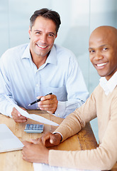 Image showing Budget, planning and portrait of happy men in a meeting with documents and calculator for finance or sales in office. Face, smile and people in accounting, collaboration and economy growth report