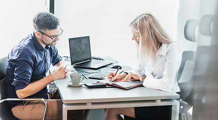 Image showing Business meeting. Client consulting. Confident business woman, real estate agent, financial advisor explaining details of project or financial product to client in office.