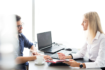 Image showing Business meeting. Client consulting. Confident business woman, real estate agent, financial advisor explaining details of project or financial product to client in office.